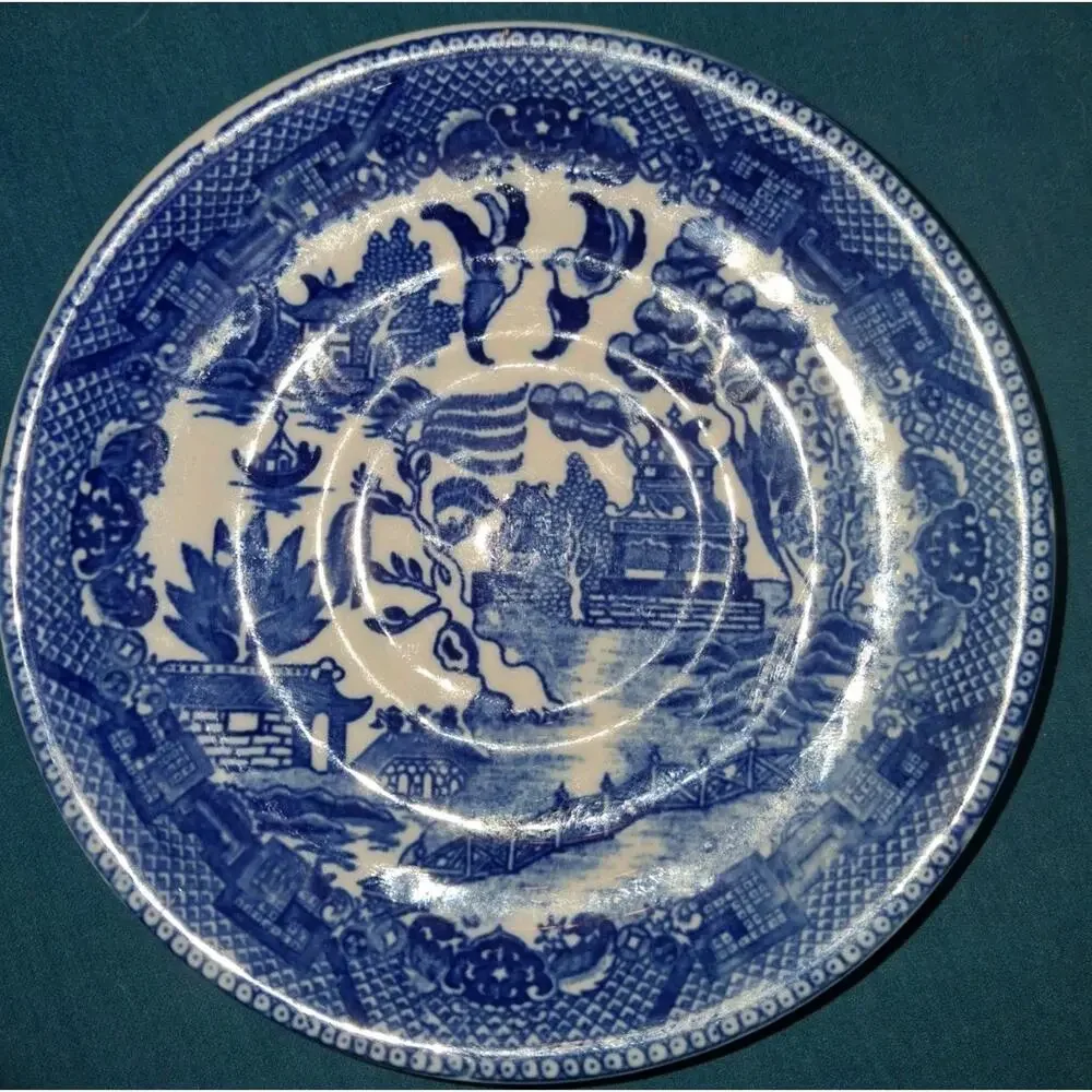 Vintage Flow Blue Willow Ware Butter Pat dish Made In Occupied Japan 5.5 in.